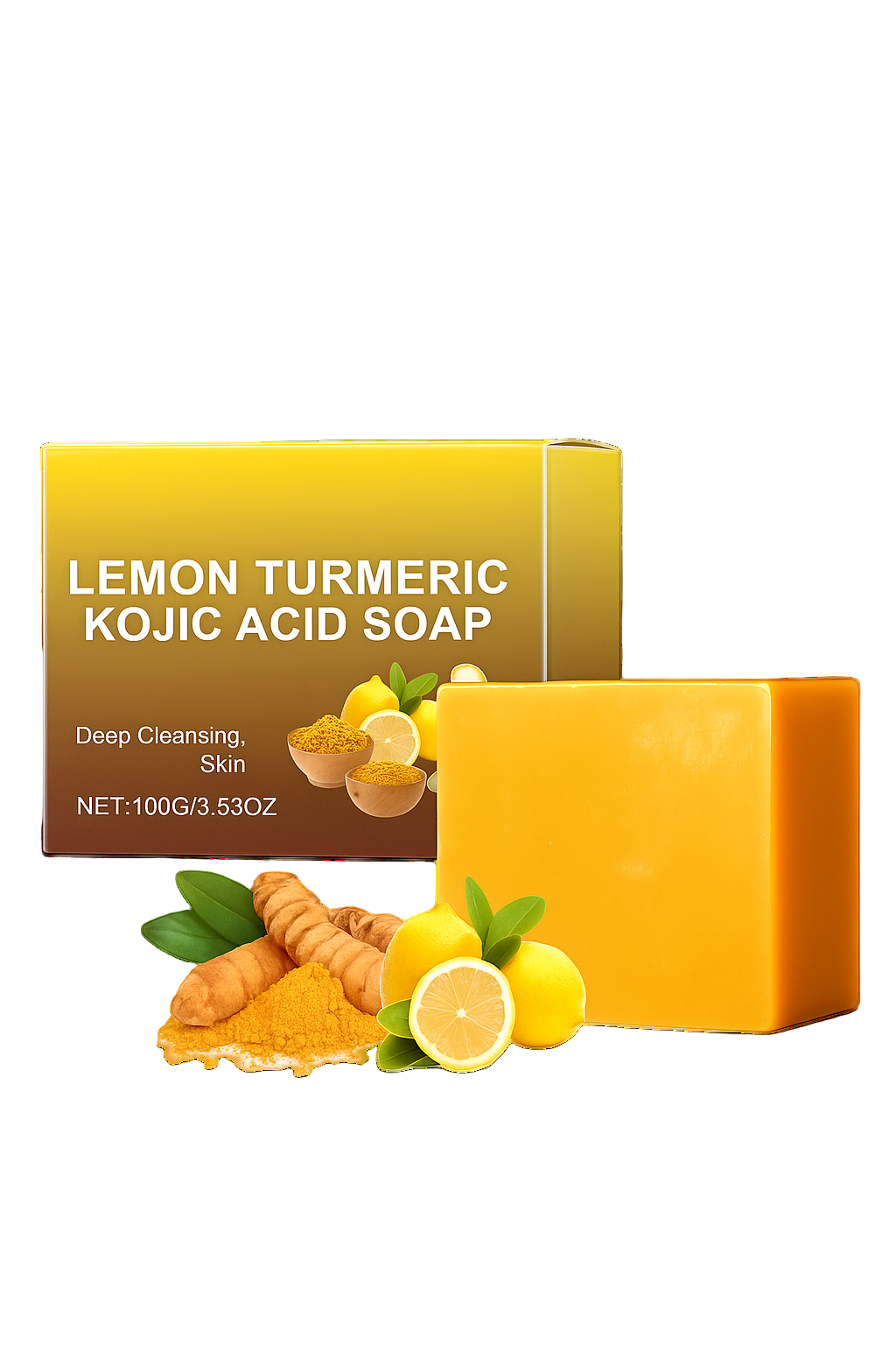 Lemon Turmeric Kojic Acid Soap with packaging on a white background